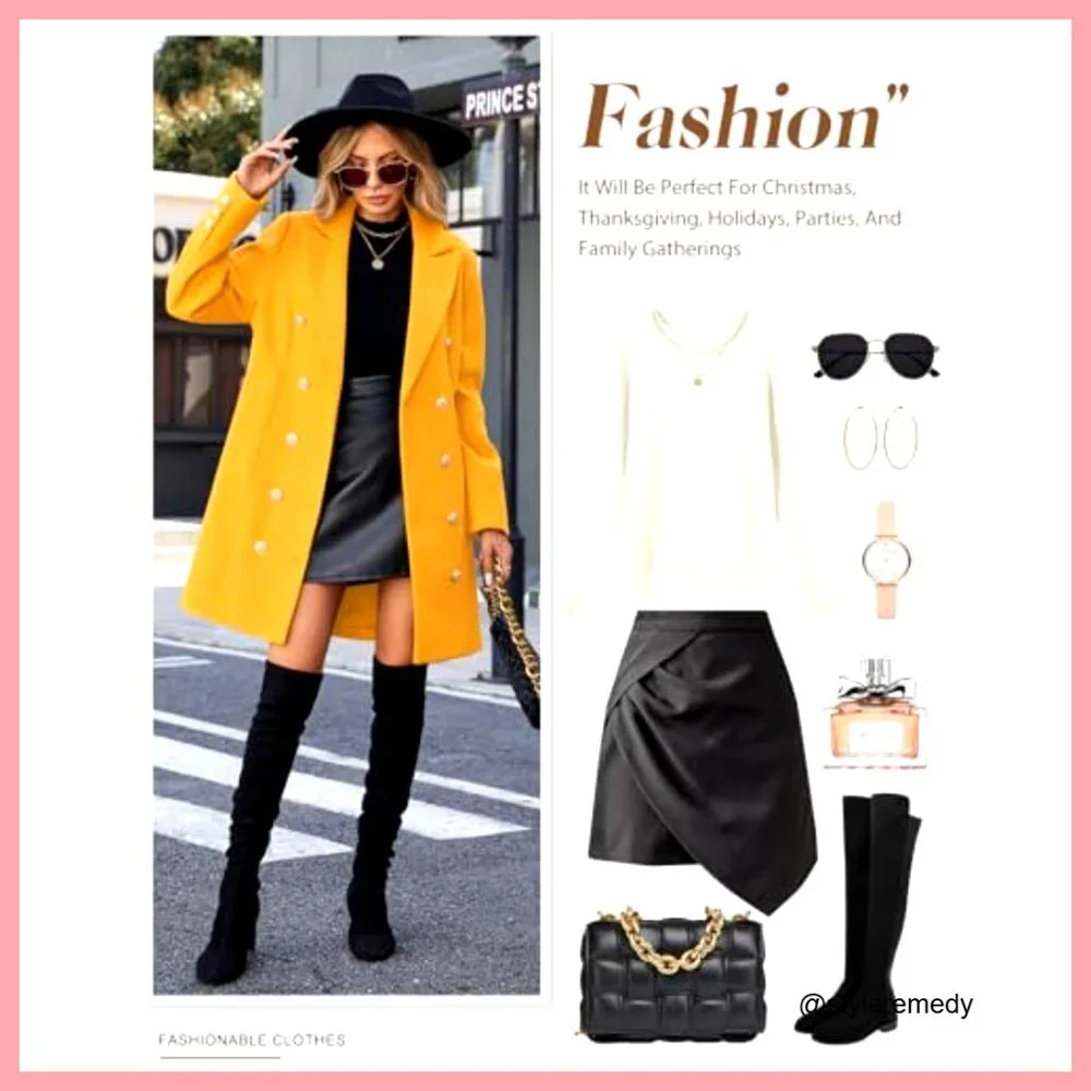 Double Breasted Wool Pea Coat, Knee-Length Midi Trench, Polyester - Picture 5 of 7
